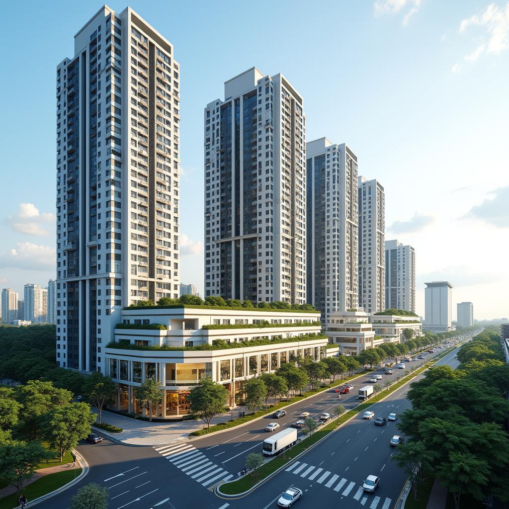 Ngoại cảnh chung cư Masteri Thảo Điền trên Xa lộ Hà Nội, thể hiện quy mô và vị trí.